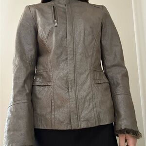 Danier Taupe Suede Leather Zip-Front Jacket with Faux Fur Cuffs.